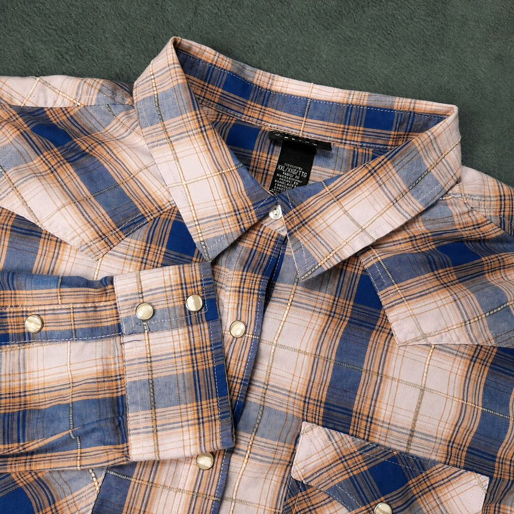 Wrangler Shirt Mens 2XL XXL Pink Orange Blue Retro Plaid Pearl Snap Western